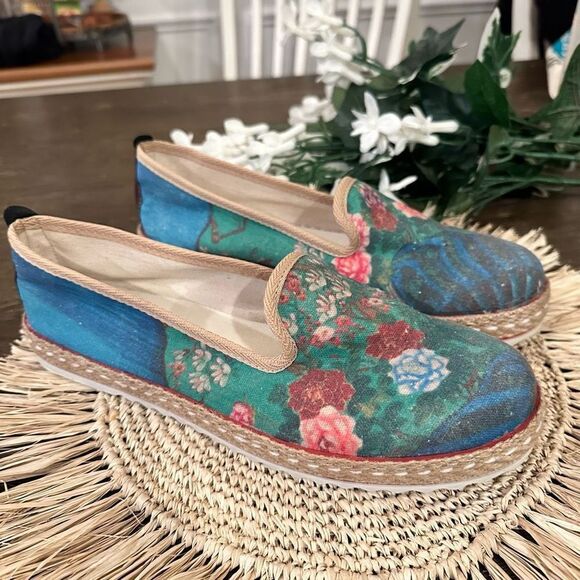 Goby Peacock Floral Painted Print Boho Slip‎ On Canvas Shoe size 42 /USA 11 - Picture 2 of 7